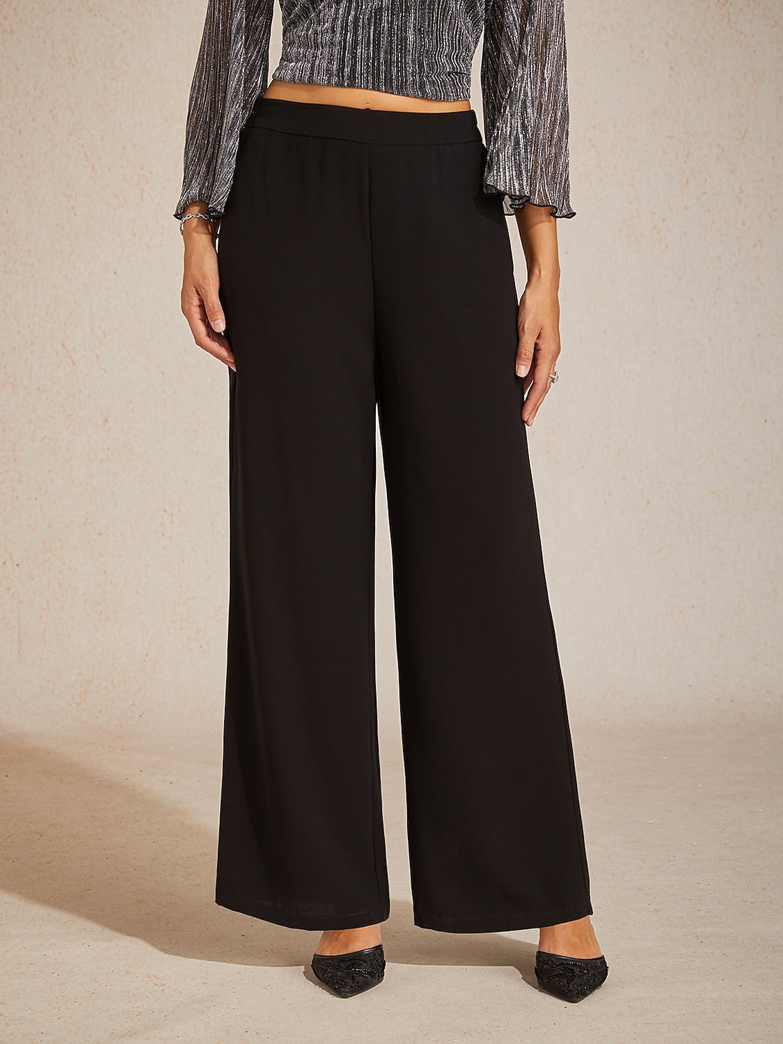 Mid-Rise Elastic Waist Wide-Leg Pants with Pockets