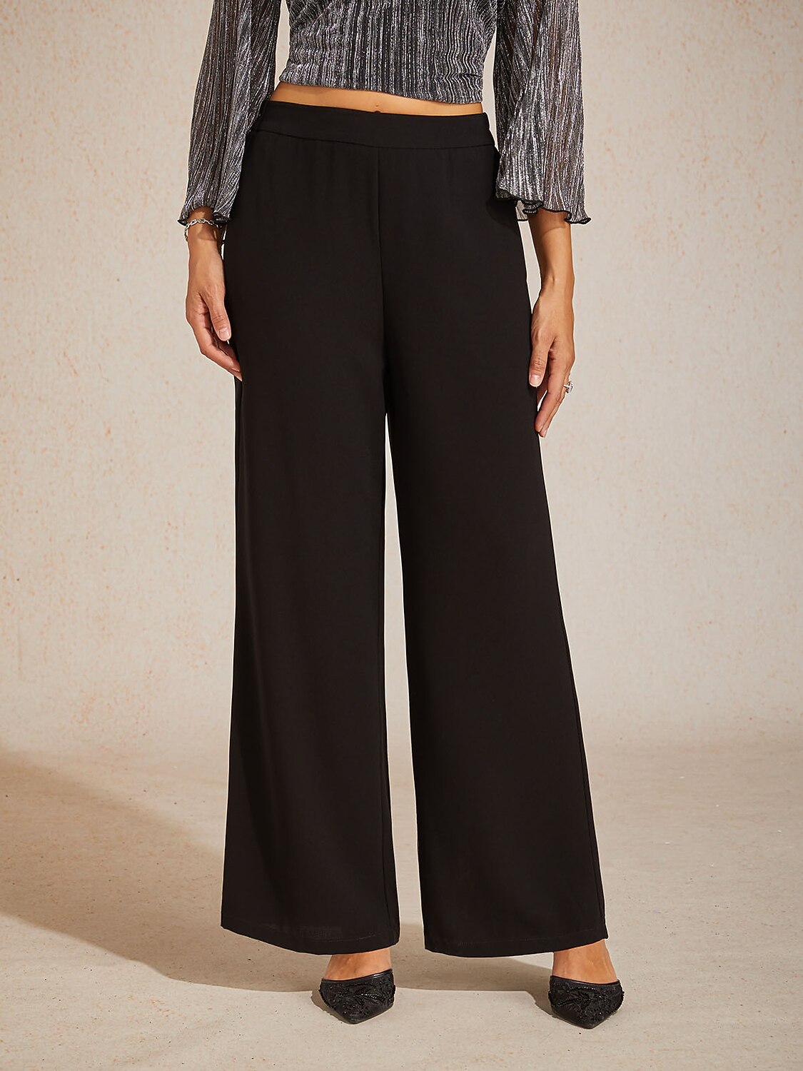Pantalon large taille mi-haute à taille élastique avec poches