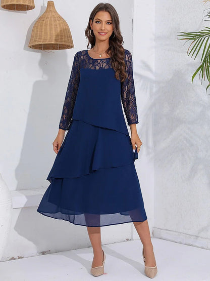 Lace Tiered Chiffon 3/4 Length Sleeve Dress