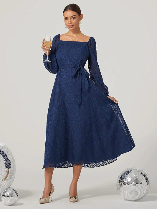 Blue Belted Crew Neckline Maxi Dress