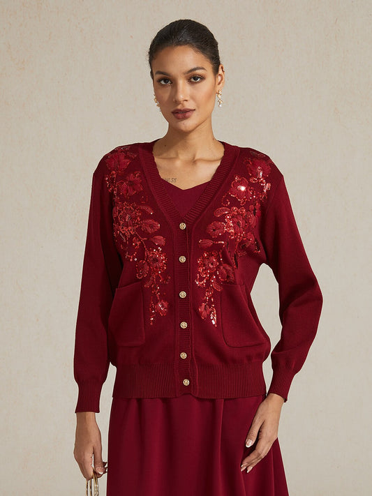 3D Rosette Sequin Knit Cardigan