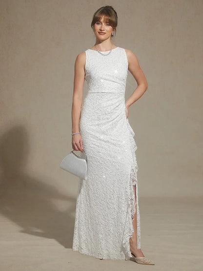 Robe Longue en Dentelle à Sequins avec Volants