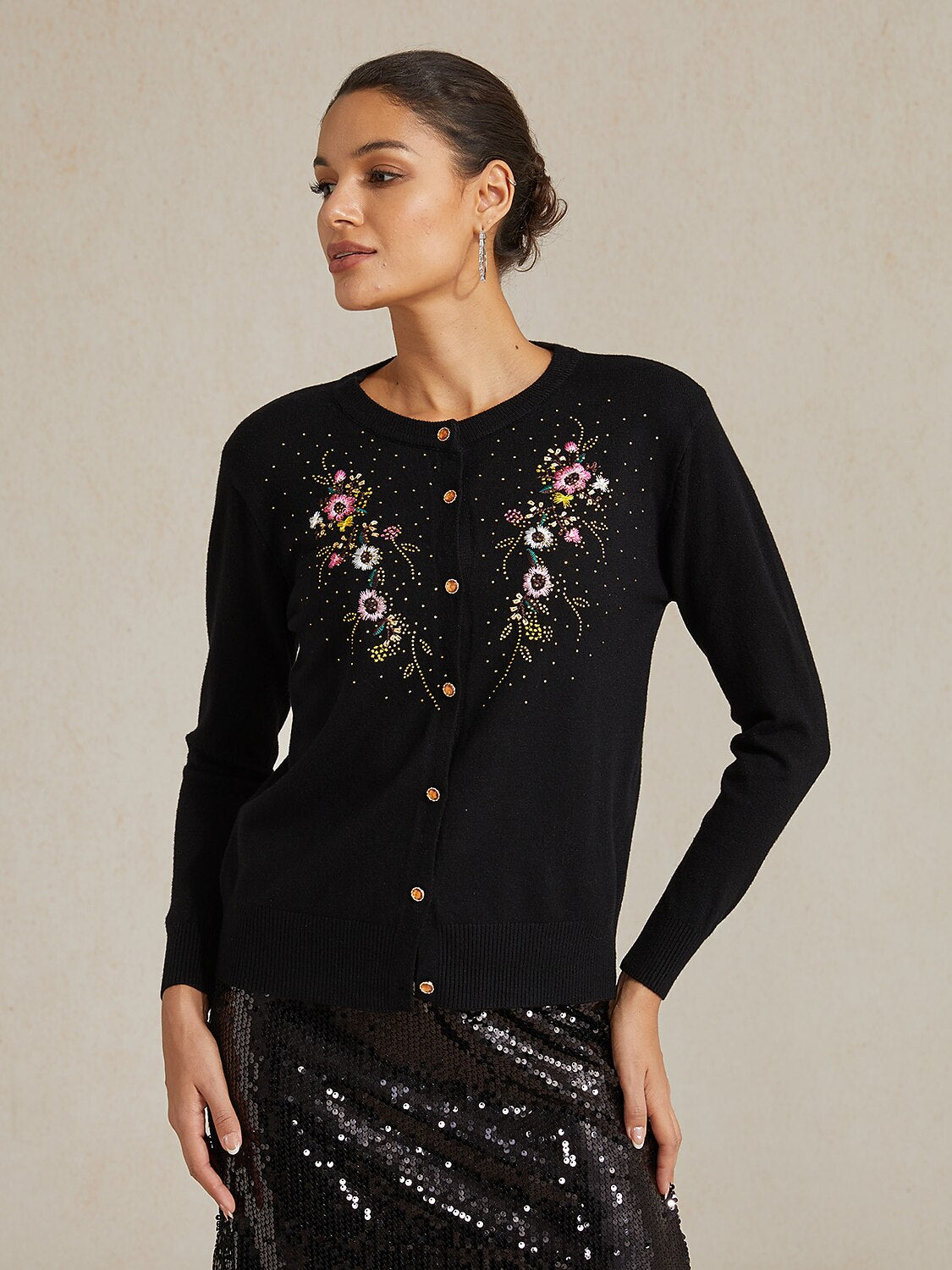 Embroidered Rhinestone Floral Cardigan