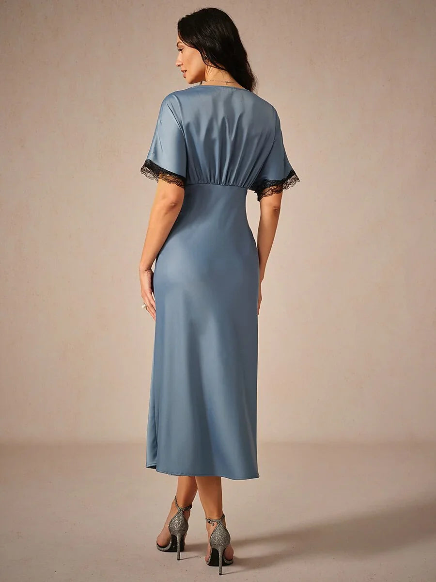 Satin Lace Trim V-Neck Dusty Blue Dress