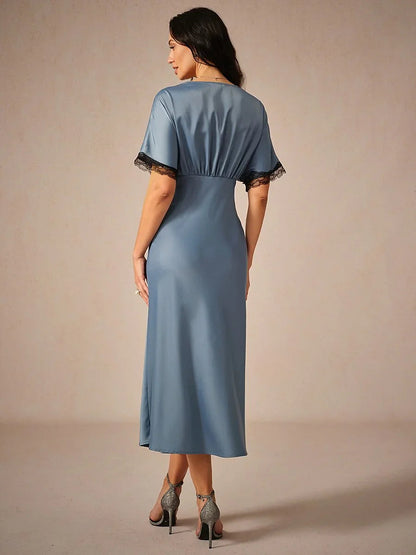 Satin Lace Trim V-Neck Dusty Blue Dress