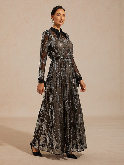 Sequin Mesh Overlay Dress with Crystal Button