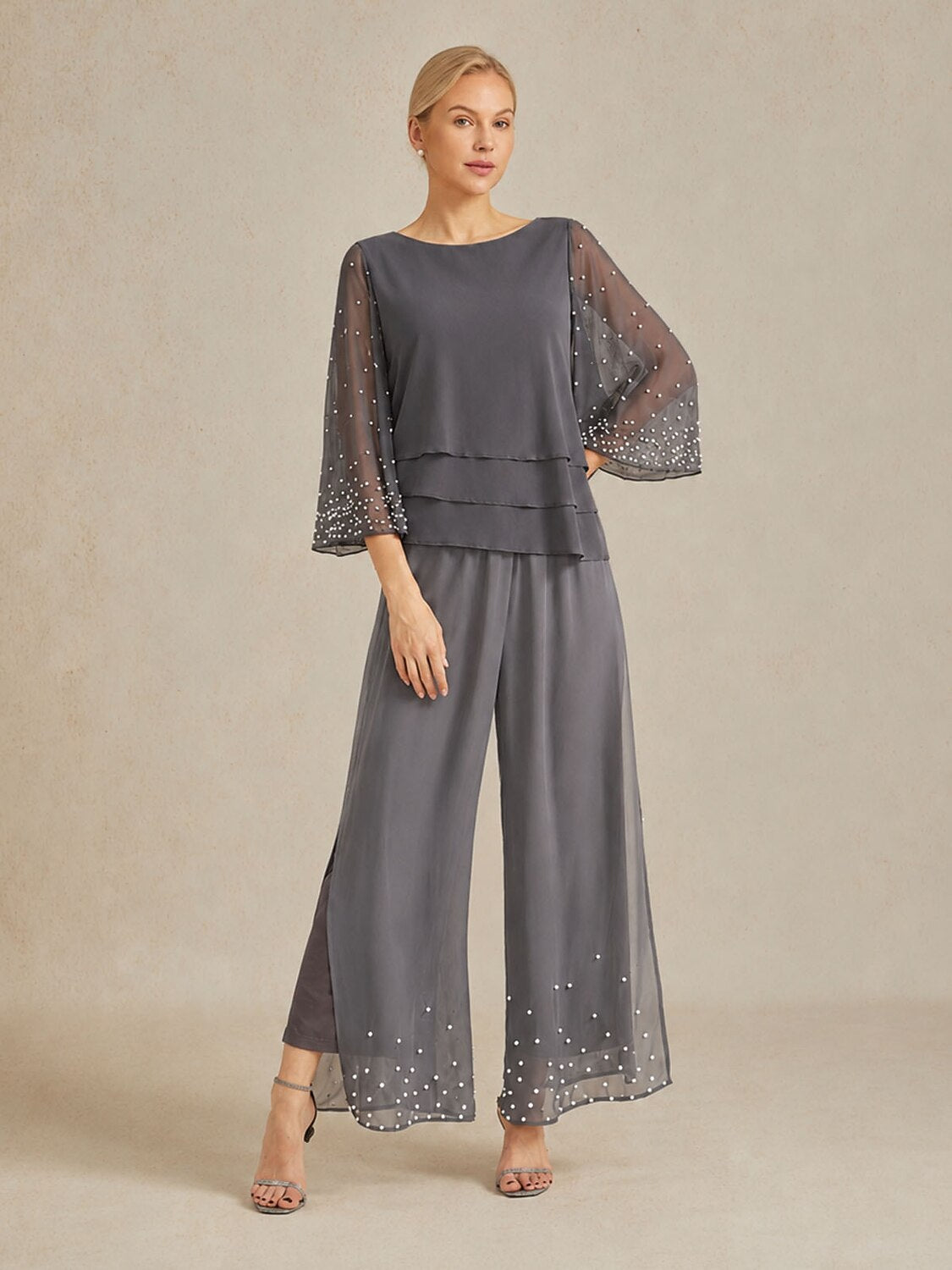 Pearl-embellished Wide Leg Pants