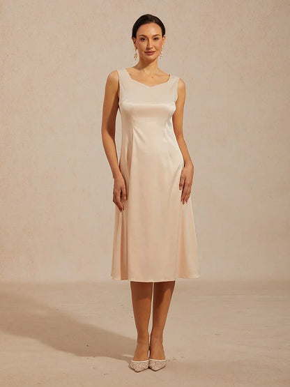Sleeveless Diamond Neck Satin A-Line Dress
