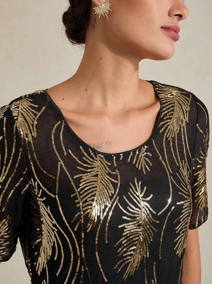 Feather Sequin Embroidered Mesh Midi Dress