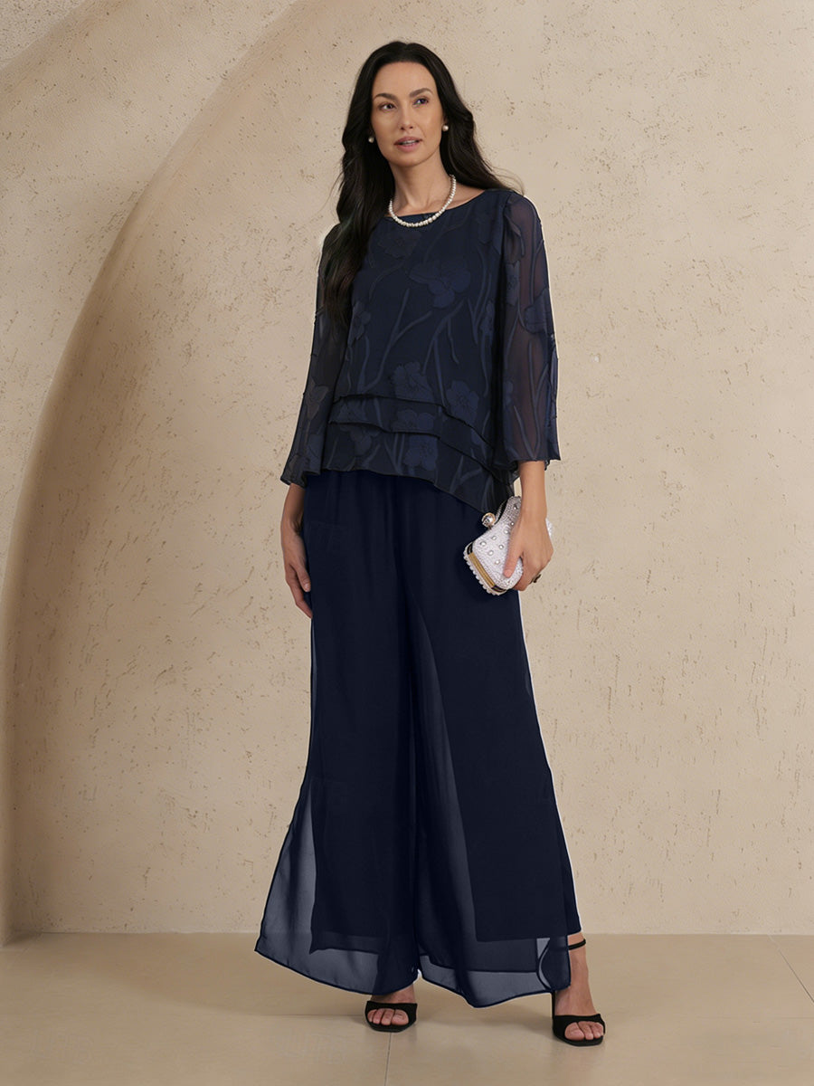 Chiffon Layered Blouse Straight Leg Pant Suits