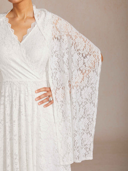 Scalloped V Neck Lace Evening Dress with Matching Shawl