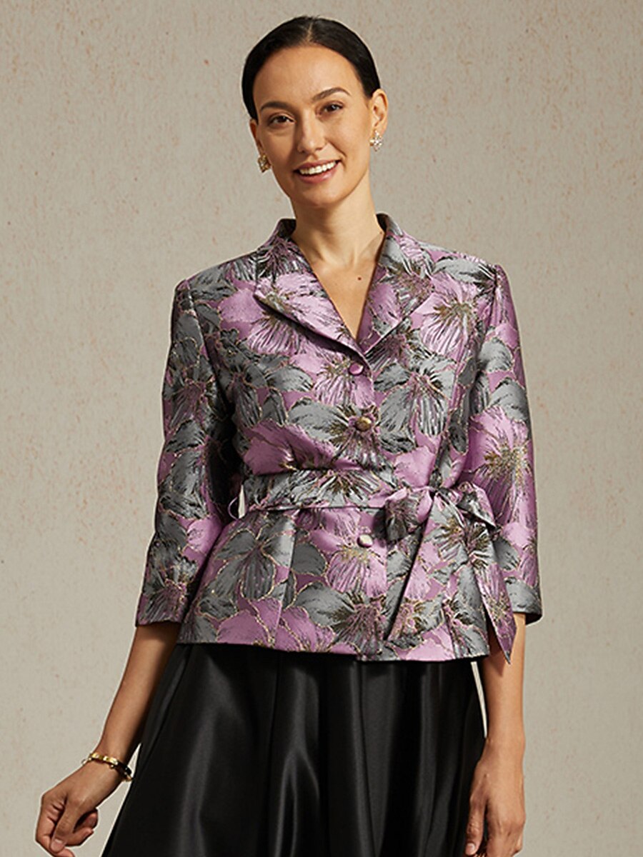 3/4 Sleeve Floral Jacquard Blouse with Tie Waist
