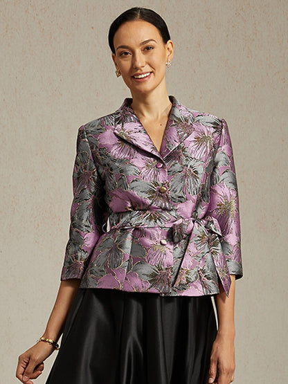 3/4 Sleeve Floral Jacquard Blouse with Tie Waist