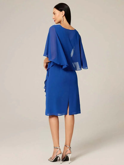 Asymmetrical Boat Neck Ruffled Chiffon Cape Dress