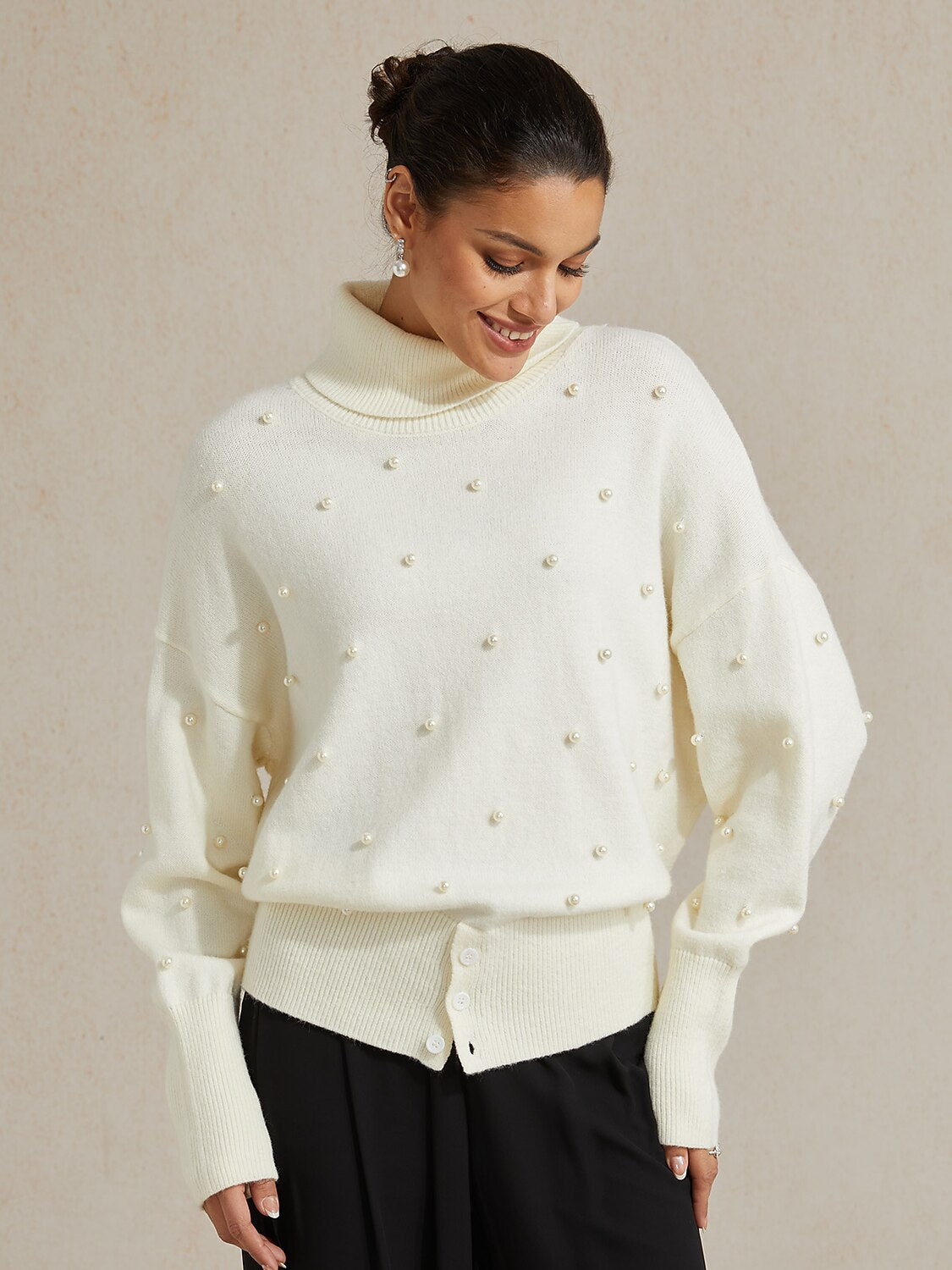 Pearl-embellished Turtle Neck Sweater