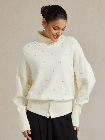 Pearl-embellished Turtle Neck Sweater
