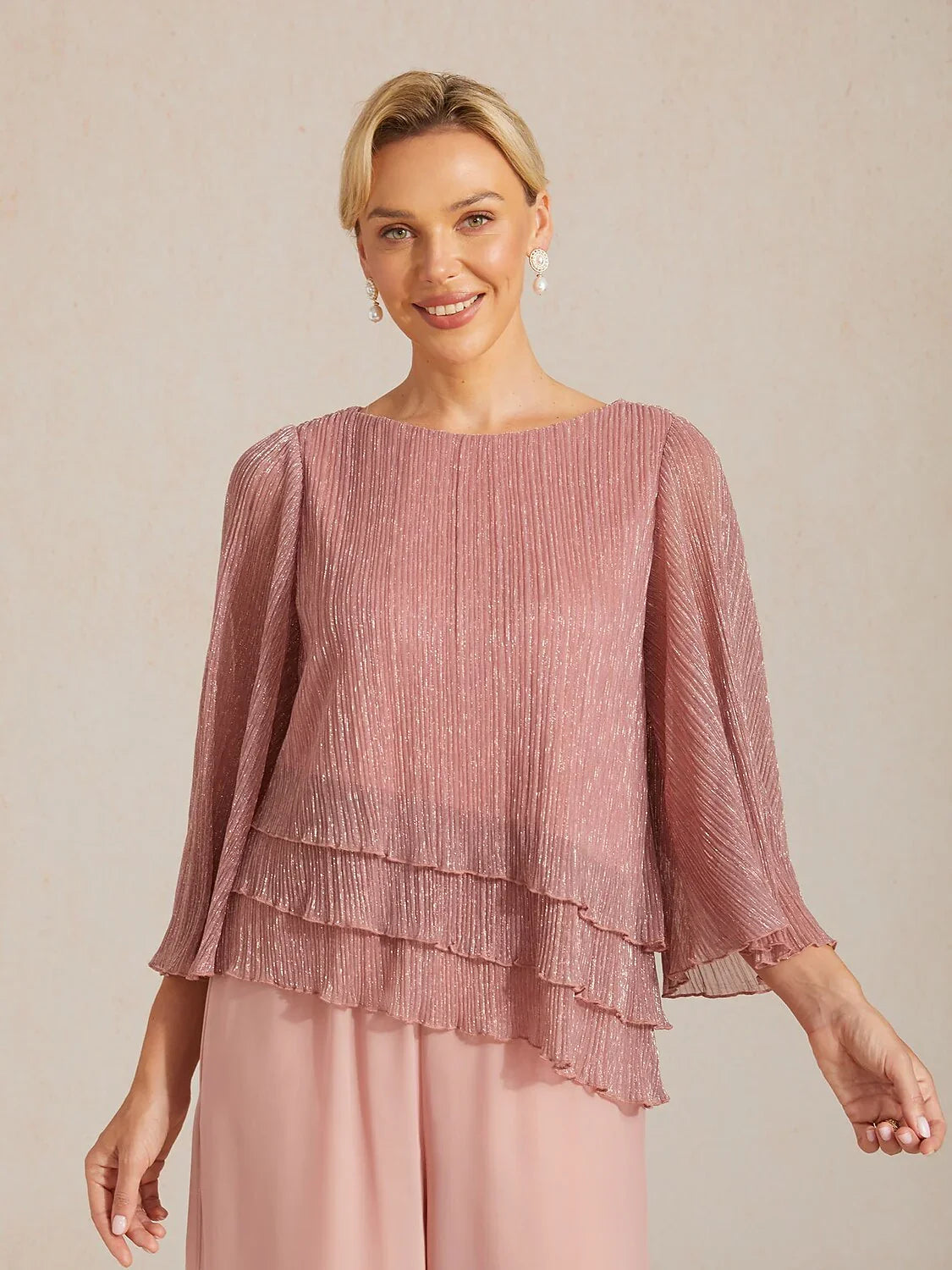 Metallic Pleated Chiffon Asymmetrical Layered Blouse