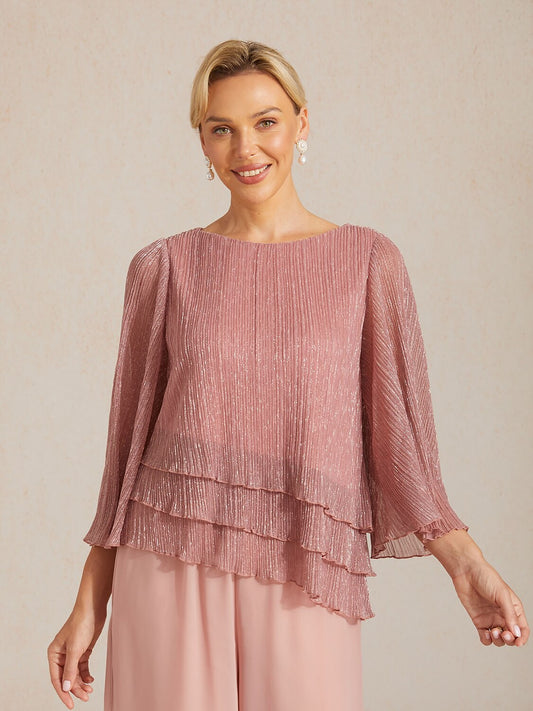 Metallic Pleated Chiffon Asymmetrical Layered Blouse