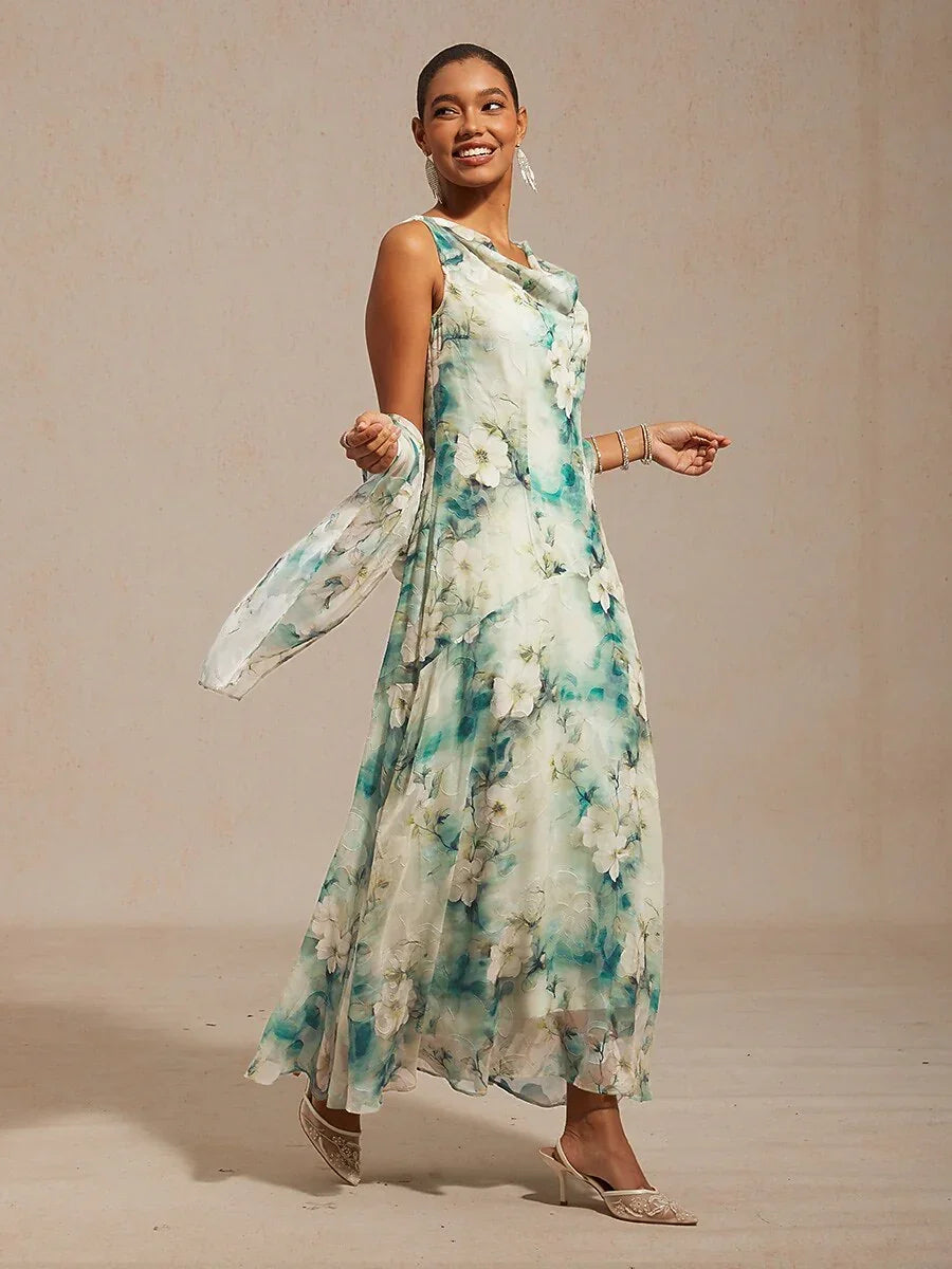 Floral Cowl Neck Tea-Length Dress with Flounce Hem