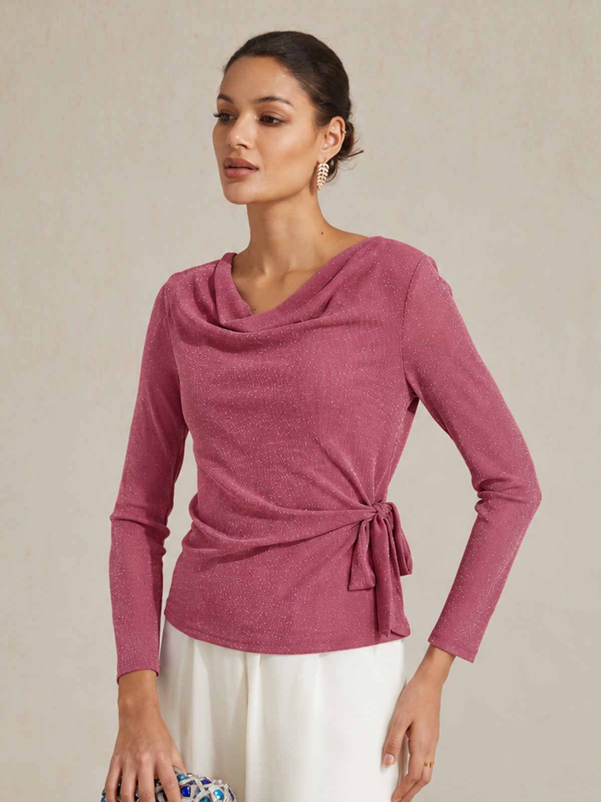 Elegant Metallic Tie Waist Knit Top