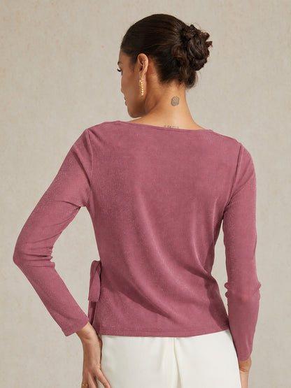 Elegant Metallic Tie Waist Knit Top