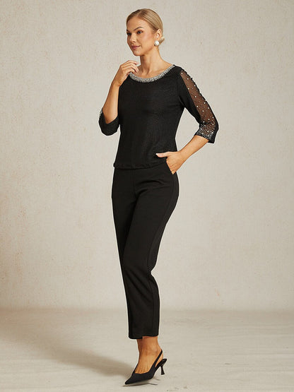 Beaded 3/4 Sleeve Metallic Knit Blouse