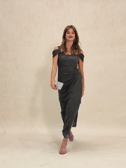 Ankle-Length Cold Shoulder Glitter Mesh Dress