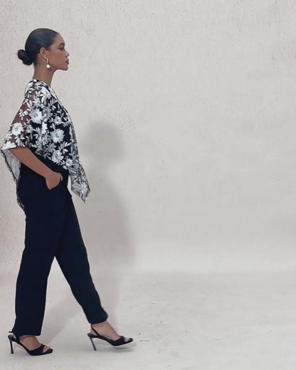 Embroidered Mesh Lace Top with Batwing Sleeves