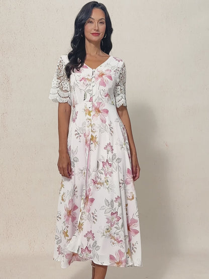 Floral Chiffon A-Line Dress with Lace Sleeves