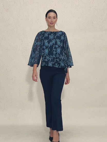 Floral Chiffon Boat Neck Blouse with A-Line Sleeves