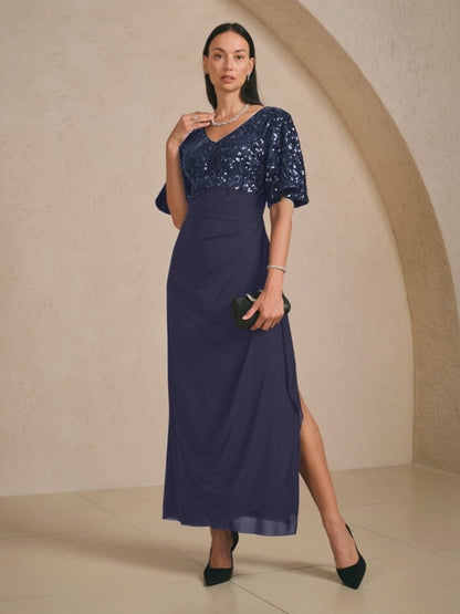 Embroidered Sequin Empire Waist Gown with Flutter Sleeves