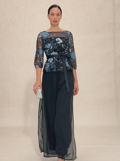 Floral Embroidered Blouse with 3/4 Bubble Sleeves & Illusion Neckline