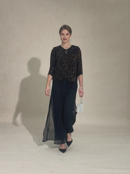 3/4 Sleeve Knit Mock Twinset And Chiffon Pant Suits