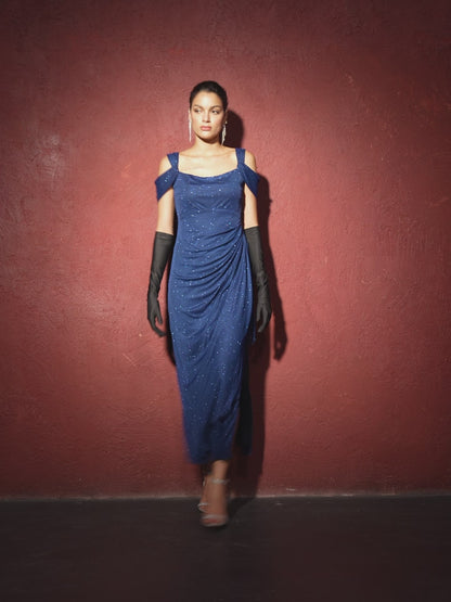 Vintage Cold Shoulder Glitter Mesh Dress