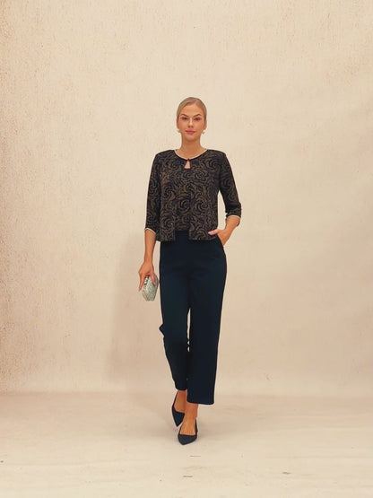 Dreiviertelärmeliges Strick-Twinset mit Blumenmuster