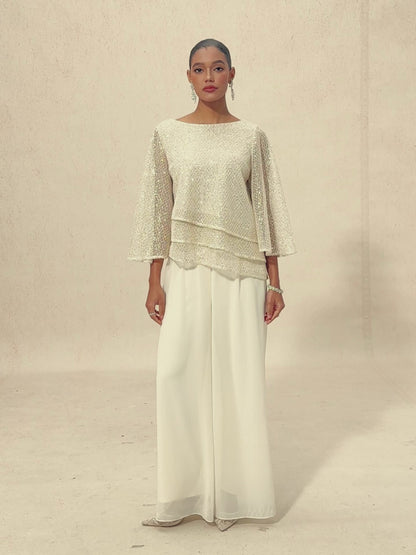 Haut Superposé en Mesh à Manches Cloche et Sequins