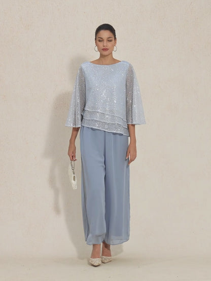 Haut Superposé en Mesh à Manches Cloche et Sequins