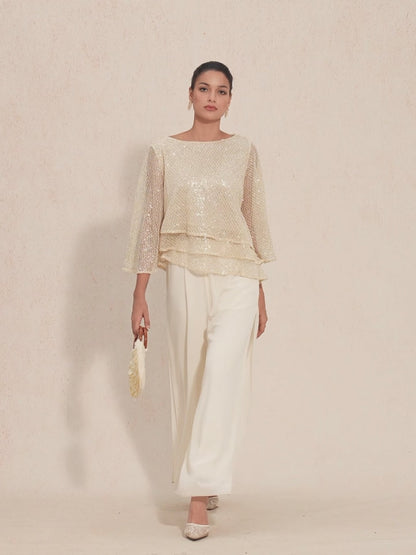 Bell Sleeves Mesh Sequin Layered Top