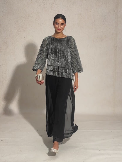 Metallic Pleated Chiffon Asymmetrical Layered Blouse