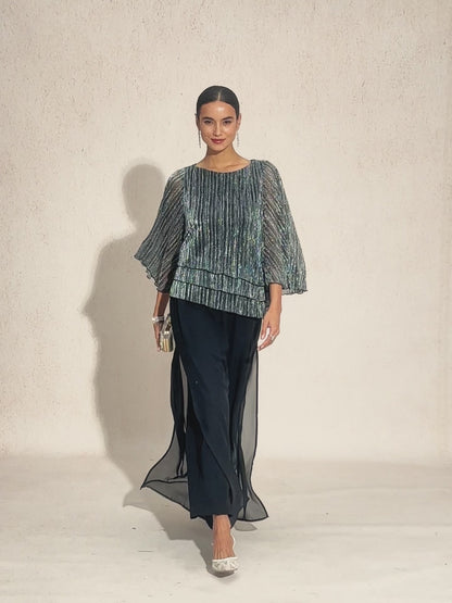 Pantalon droit avec superposition de jambes fendues en mousseline