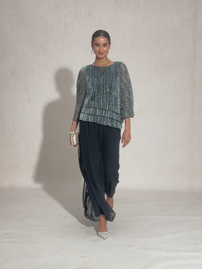 Metallic Pleated Chiffon Asymmetrical Layered Blouse