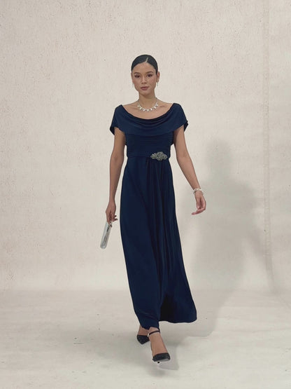 Draped Neck Jersey Evening Dress with Pleated Bodice