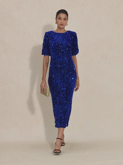 Velvet Sequin Midi Dress with Puff Sleeves
