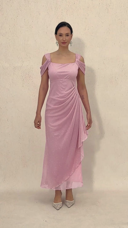 Knöchellanges, schulterfreies Glitzer-Netzkleid