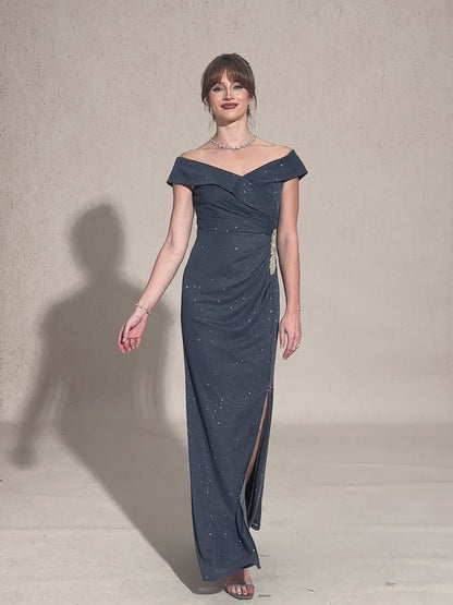 Off-Shoulder Floor-Length Gown with Rhinestone Detail