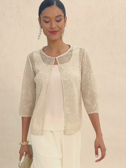 Twinset aus Pailletten-Mesh mit Rundhals und 3/4-Ärmeln