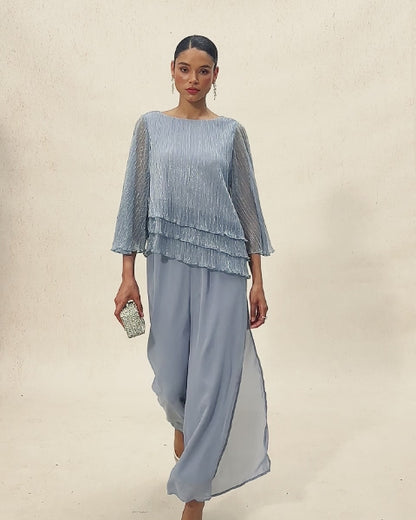 Blouse Asymétrique à Volants Superposés en Chiffon Plissé Métallisé