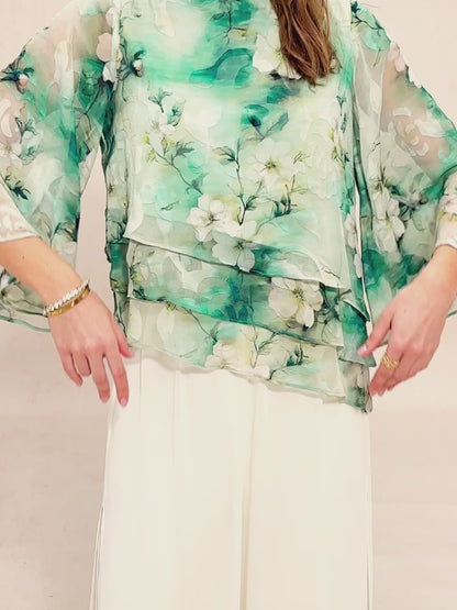 Lace Chiffon Layered Blouse with Floral Print