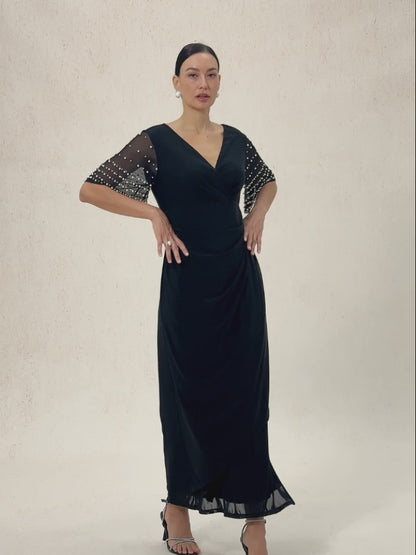 Elegant Formal Dress with Embellished Flutter Sleeves