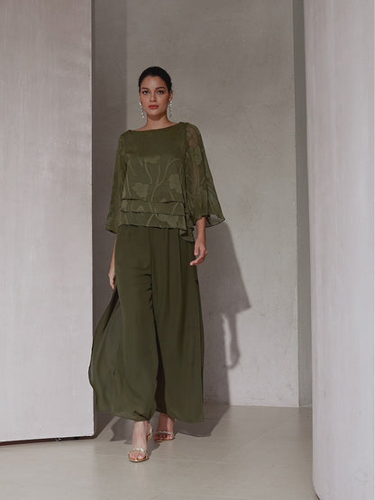 Rechte Broek Met Chiffon-Overlay En Split